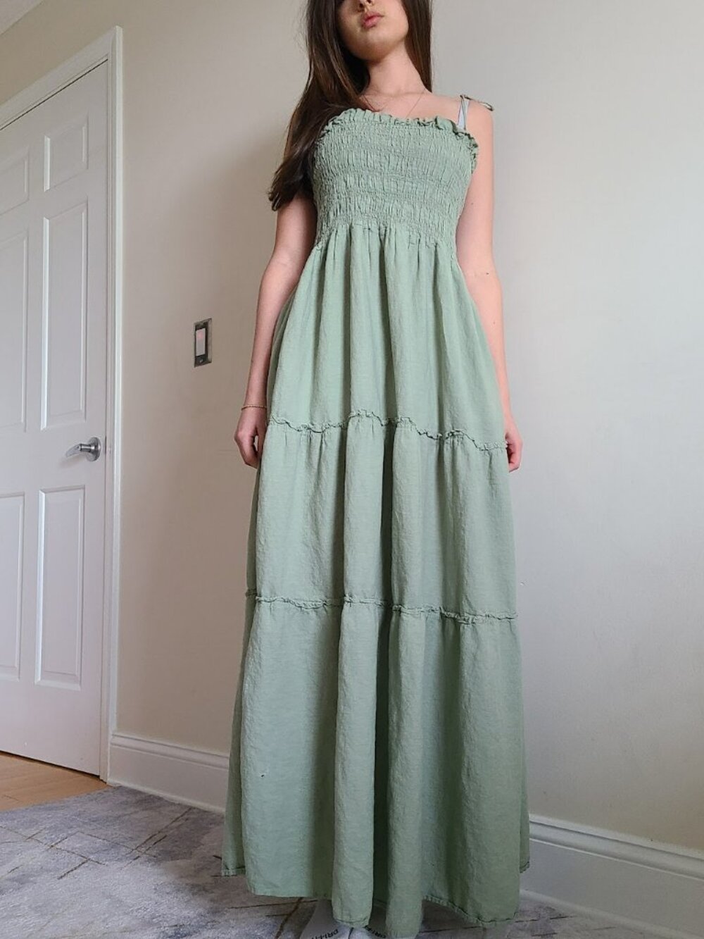 Mango MNG Sage Green Smocked Maxi Dress Size M Cottagecore